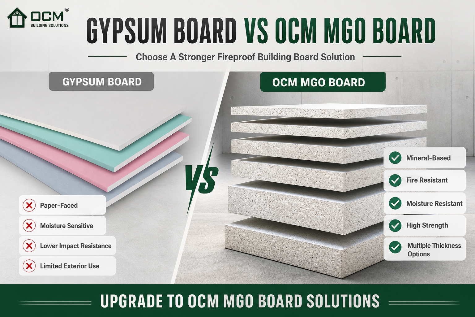 MgO Board vs Gypsum Board: Why OCM Magnesium Oxide Board Is a Better Choice for Demanding Building Applications